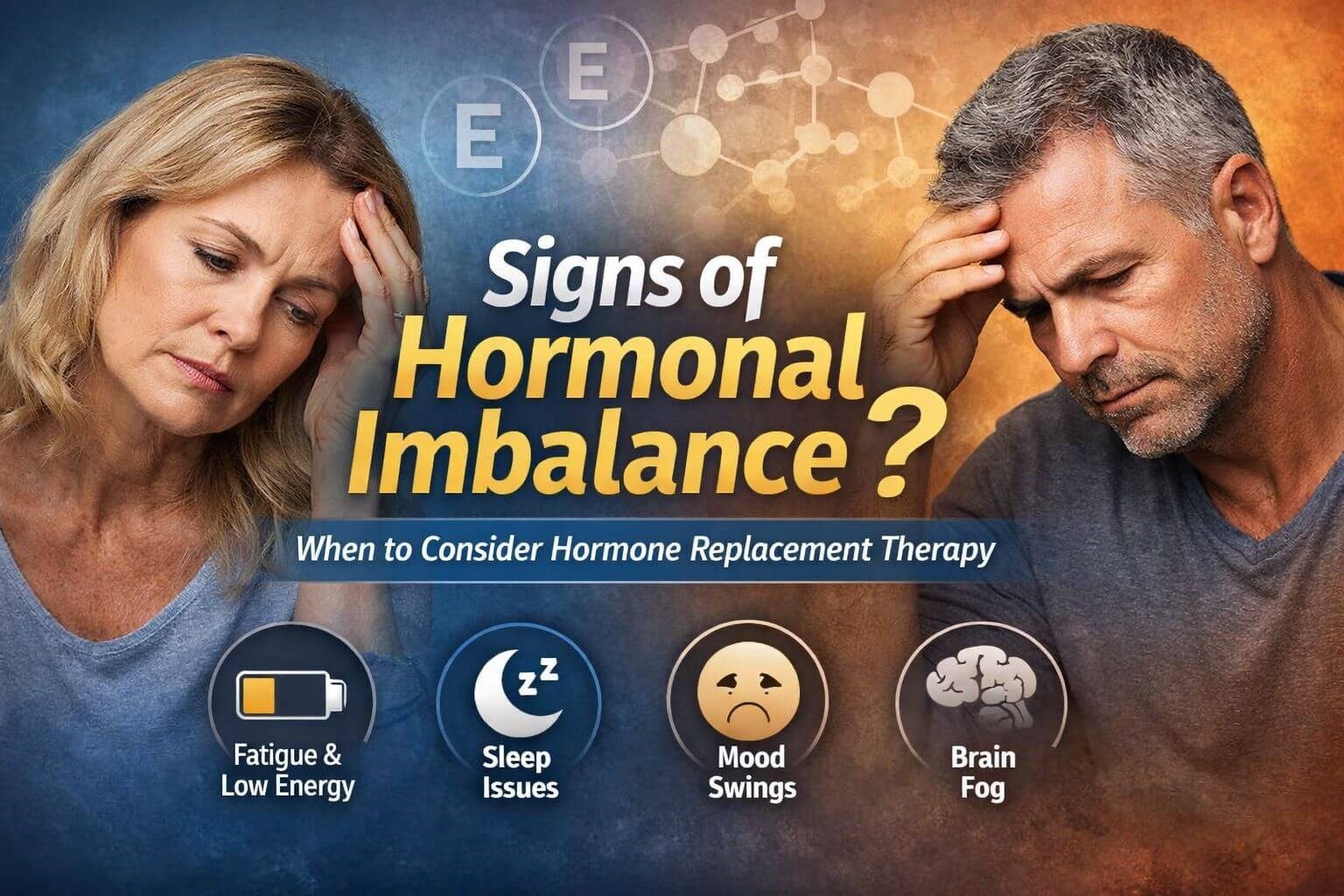 A concerned woman and man sit with their heads in their hands. Text reads: Signs of Hormonal Imbalance? When to Consider Hormone Replacement Therapy. Icons show fatigue, sleep issues, mood swings, and brain fog.