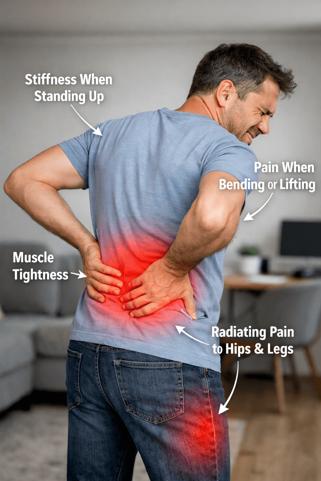 A man holding his lower back in pain, with red highlighting the area. Text labels point to symptoms: stiffness when standing, muscle tightness, pain when bending or lifting, and radiating pain to hips and legs.