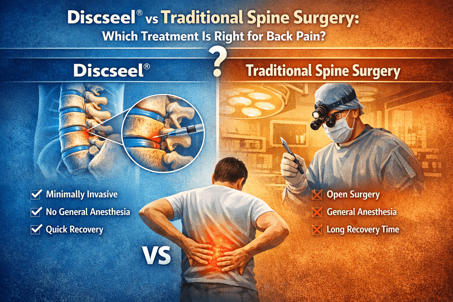 Split image compares Discseel vs. traditional spine surgery for back pain. Discseel shows minimally invasive, no general anesthesia, and quick recovery. Traditional surgery shows open surgery, general anesthesia, and long recovery time.