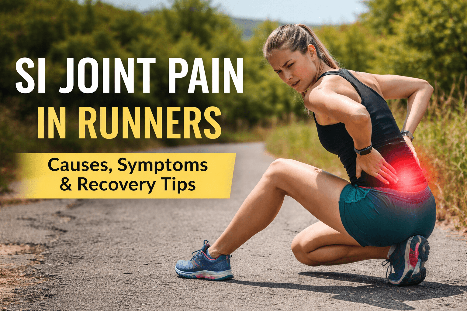 A woman in athletic wear crouches on a path outdoors, holding her lower back in pain. Text reads: SI Joint Pain in Runners – Causes, Symptoms & Recovery Tips. Her lower back is highlighted with a red glow.