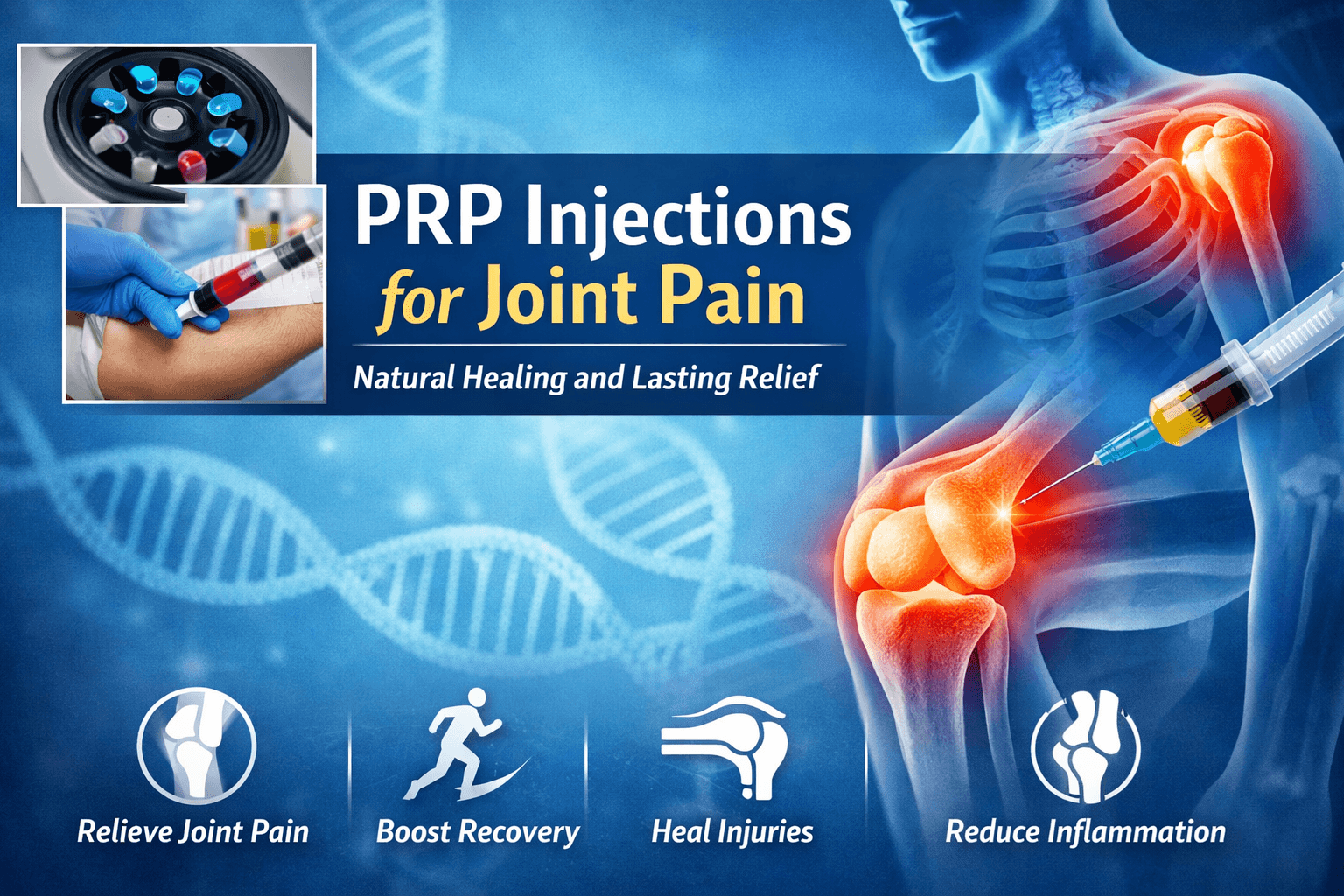 Medical-themed graphic showing PRP injection for joint pain with an image of a syringe, highlighted knee joint, and icons for relieving pain, boosting recovery, healing injuries, and reducing inflammation. Text promotes natural healing.