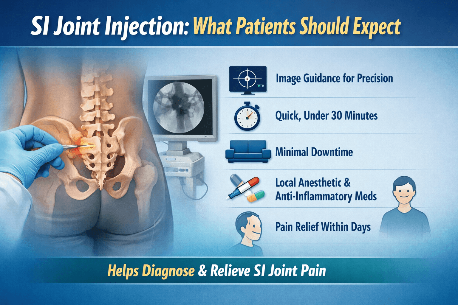 A doctor injects a needle near a patient’s lower back. Next to the image, text lists benefits of SI joint injection: precise image guidance, quick (under 30 minutes), minimal downtime, local anesthesia, and pain relief.