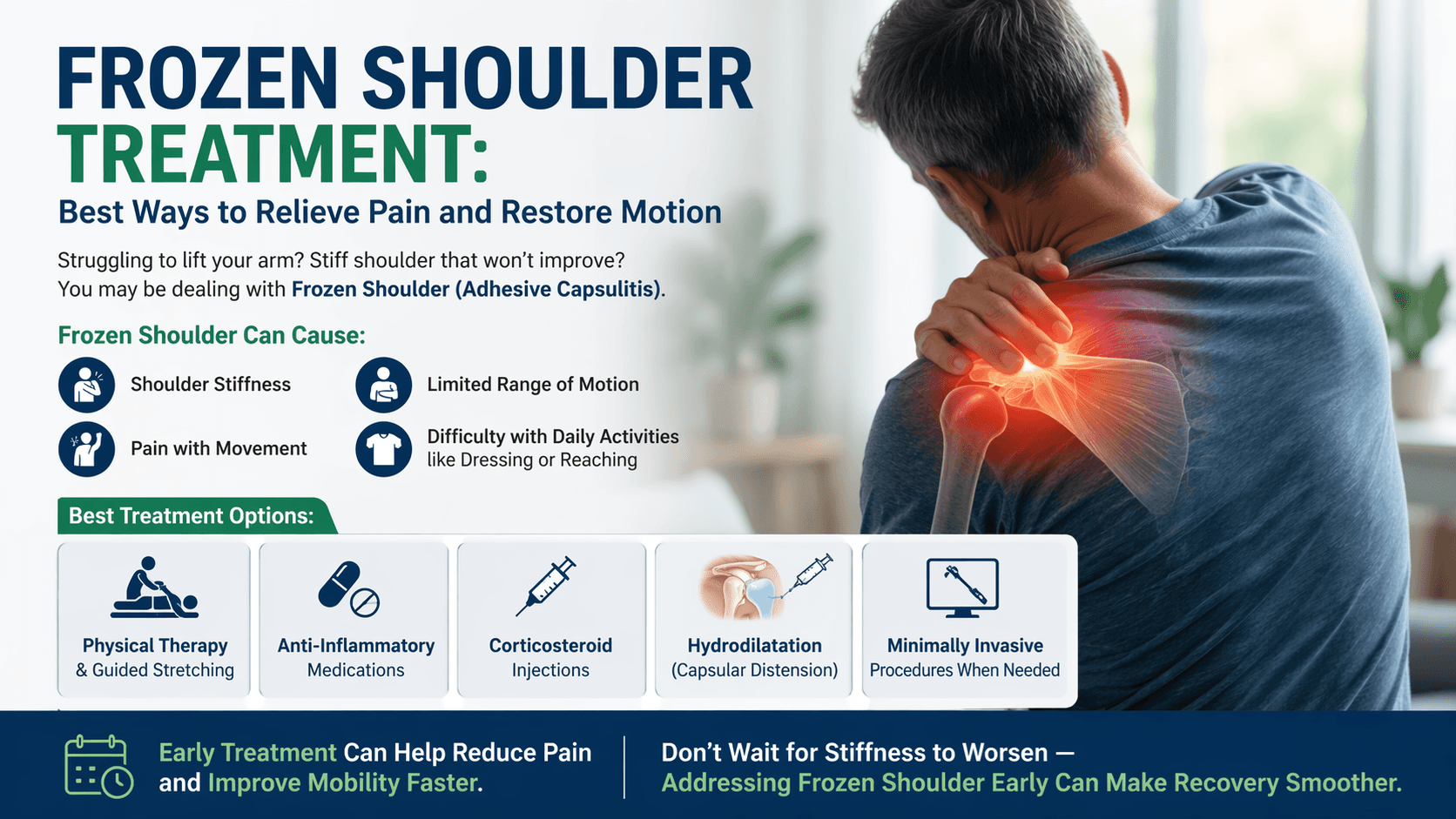 A man holding his painful shoulder is shown next to a chart about frozen shoulder treatment, causes, and options such as therapy, medication, injections, and procedures, emphasizing early treatment for better recovery.