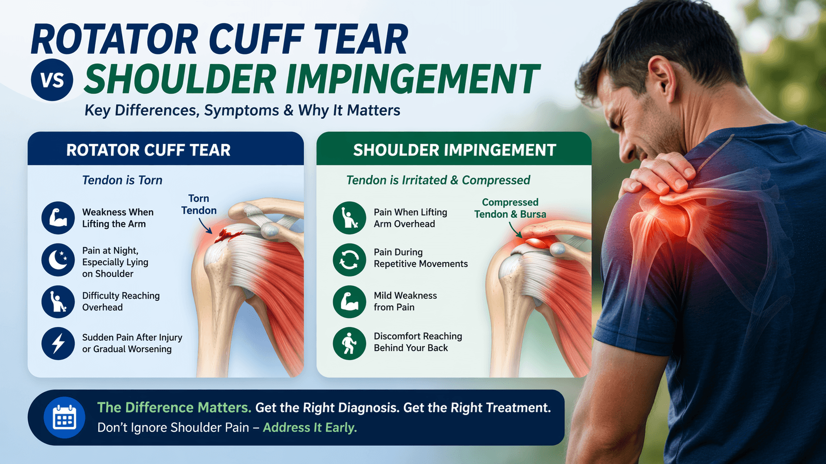Infographic comparing rotator cuff tear and shoulder impingement. A man holds his painful right shoulder, with an illustration highlighting shoulder muscles. Key symptoms and differences are listed in blue and green boxes.