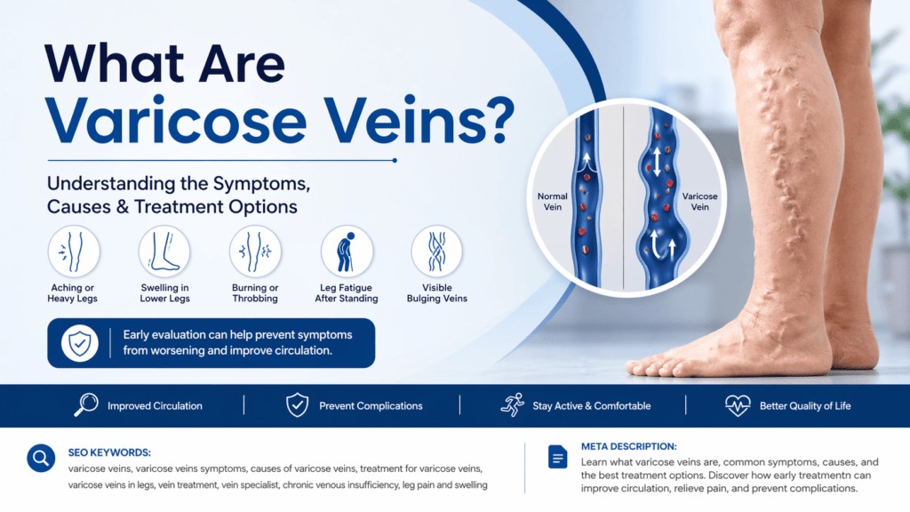An infographic about varicose veins shows a leg with visible swollen veins, vein illustrations, symptoms icons, and treatment benefits like improved circulation and better quality of life. Text explains symptoms, causes, and treatment options.