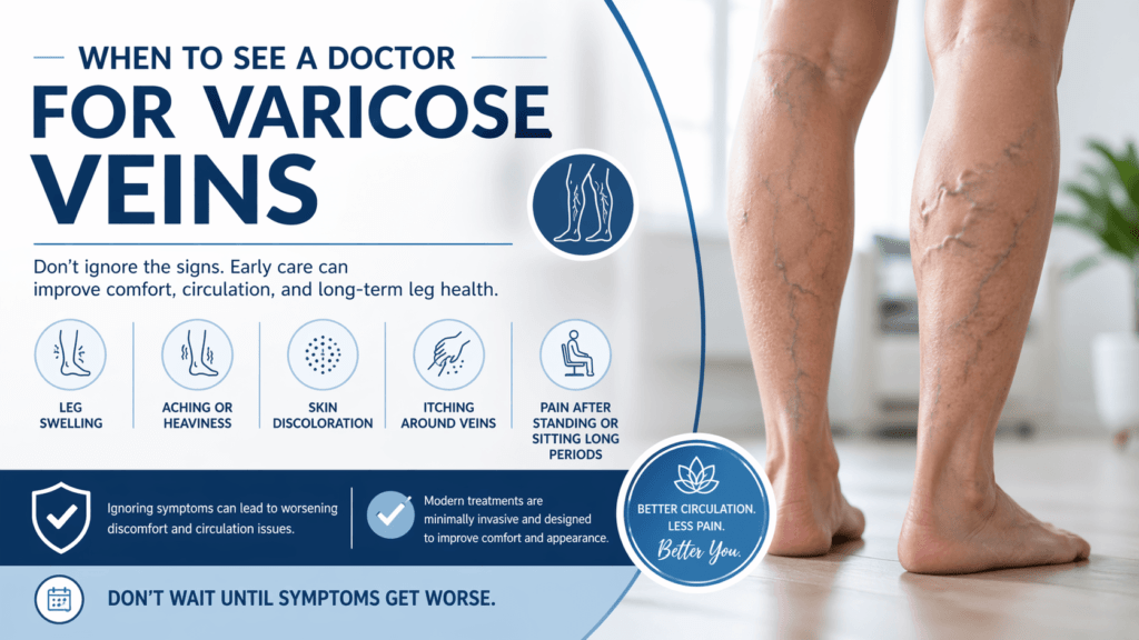 A person’s lower legs with visible varicose veins. An infographic explains when to see a doctor for varicose veins, showing icons and symptoms like swelling, aching, discoloration, itching, and pain after standing or sitting long.