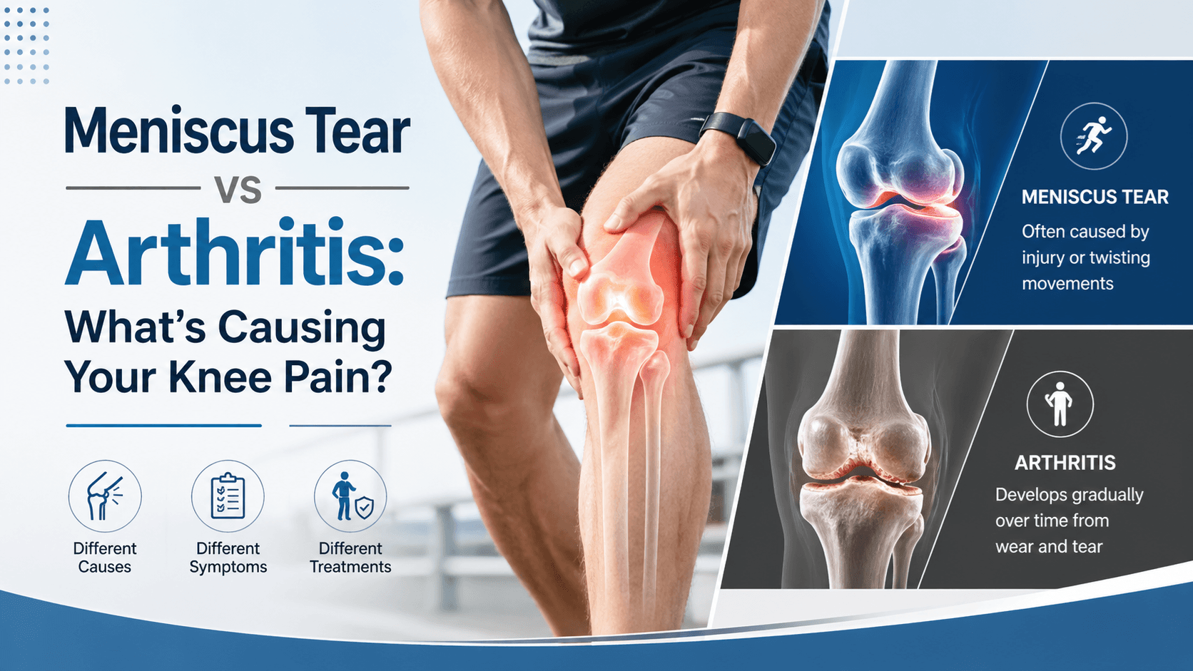 Infographic comparing meniscus tear and arthritis as causes of knee pain. Shows a person holding their knee in pain, labeled diagrams of knee injuries, and lists causes, symptoms, and treatments for each condition.