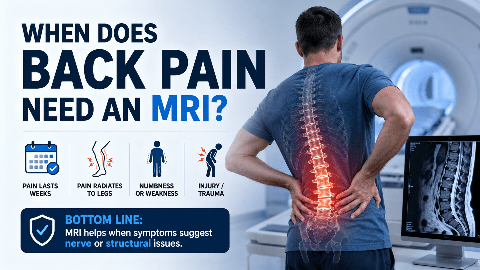 A man holds his lower back in pain while viewing an MRI scan on a screen. Text explains that an MRI is needed for back pain if it lasts, radiates to legs, causes numbness or weakness, or follows injury or trauma.