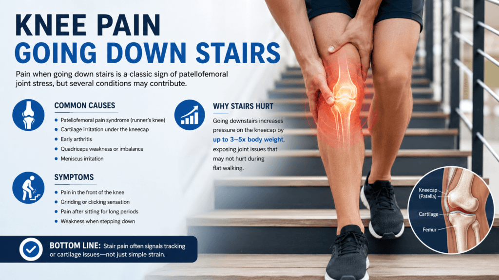 A person holds their painful right knee while descending stairs. Infographic text explains knee pain going down stairs, common causes, symptoms, reasons it hurts, and a labeled knee joint illustration.