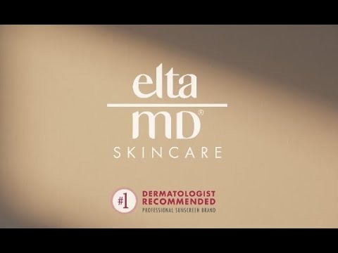 EltaMD Skincare logo on a beige background with text below stating #1 Dermatologist Recommended Professional Sunscreen Brand in red and white.