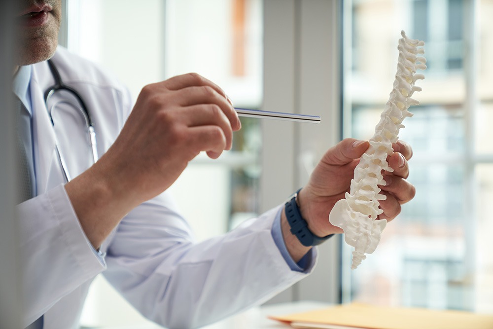 A doctor in a white coat holding a pen points to a model of a human spine, explaining something in a bright medical office.