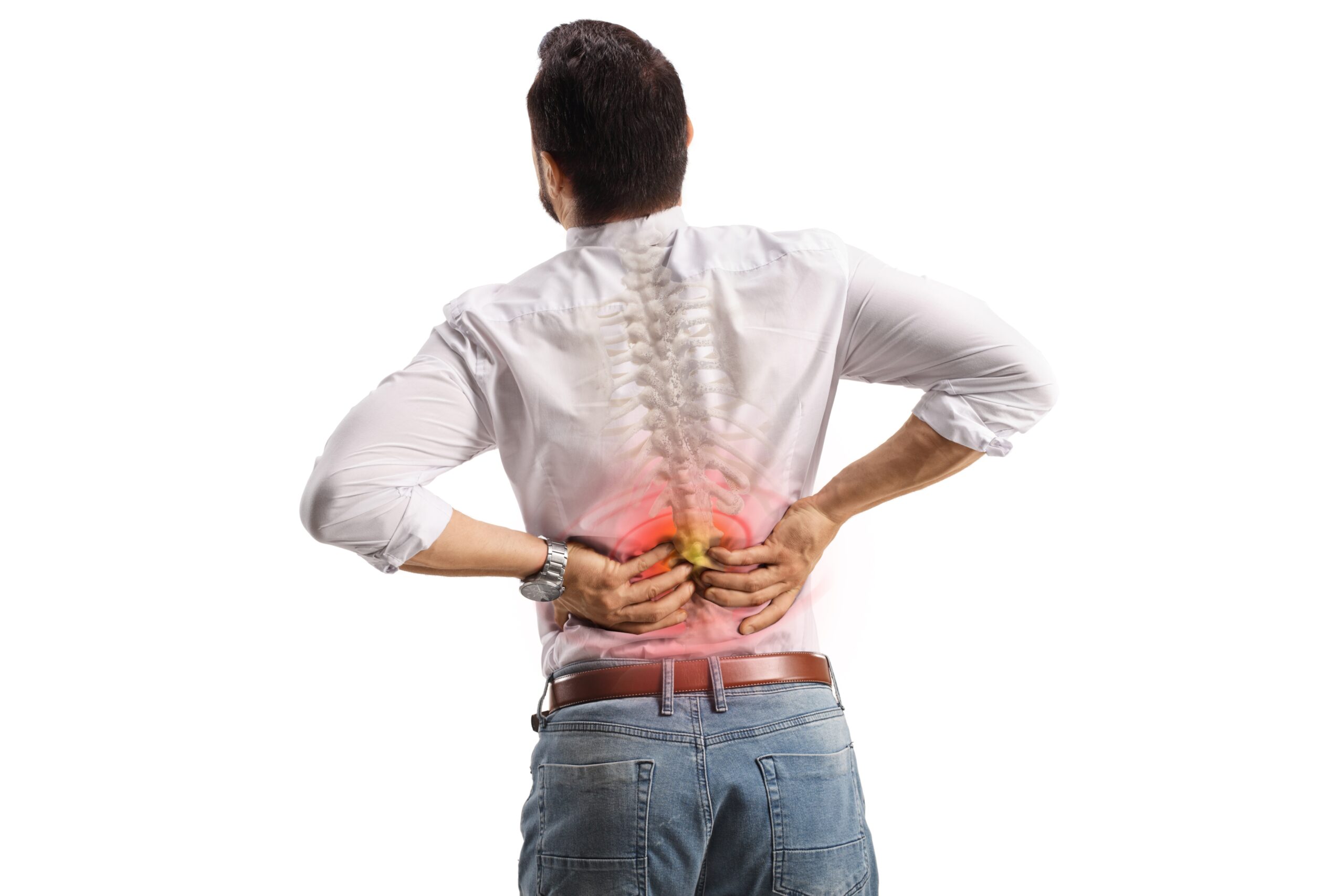 A man holding his lower back in pain, with a highlighted spine and red area indicating discomfort or injury in the lower back region.